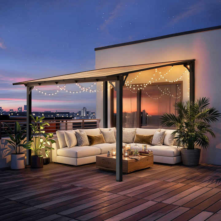 Pamapic Aera wall-mounted lean-to gazebo with evening patio lounge setup
