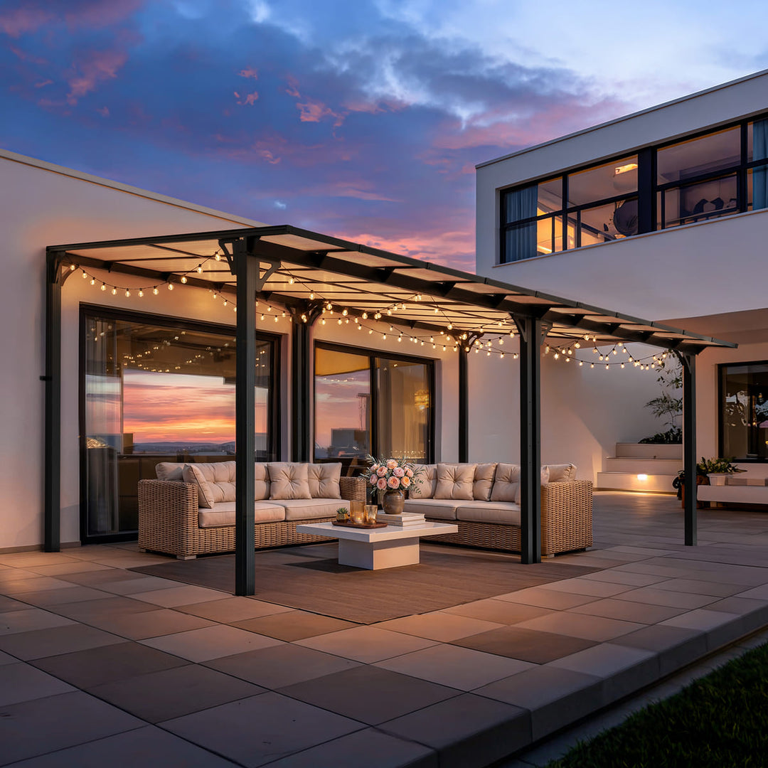 Pamapic Aera wall-mounted lean-to gazebo with outdoor seating under a sloped roof