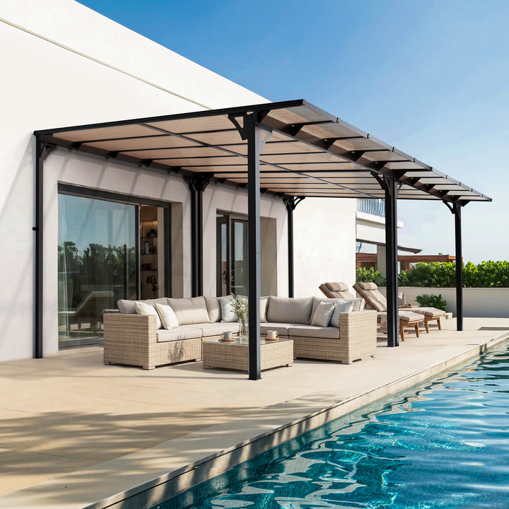 Pamapic Aera wall-mounted lean-to gazebo with shaded poolside patio seating