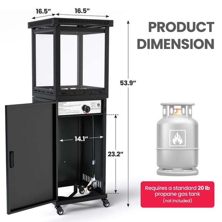 Pamapic Pyra Base Vent Top patio heater 41000 BTU with product dimensions