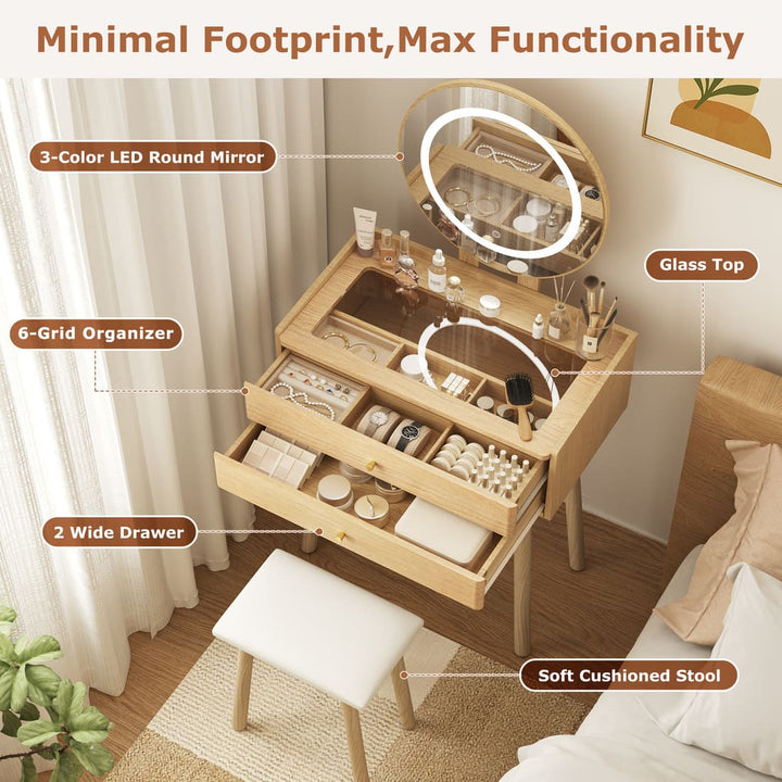 Small Makeup Vanity Desk with Round LED Mirror, Cushioned Stool& 2 Drawers