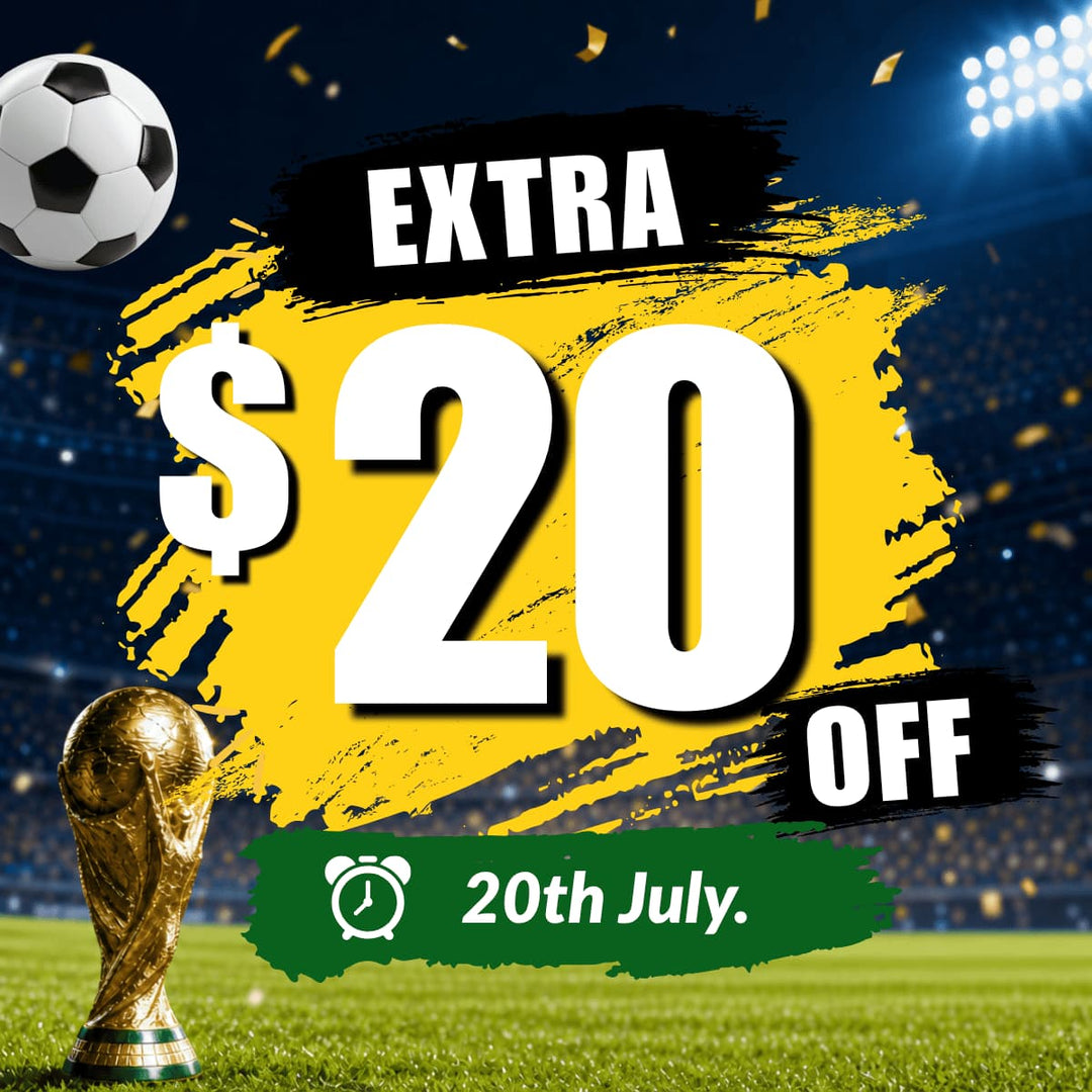 Promotional offer for an extra $20 off with a soccer ball and World Cup trophy on a stadium background.