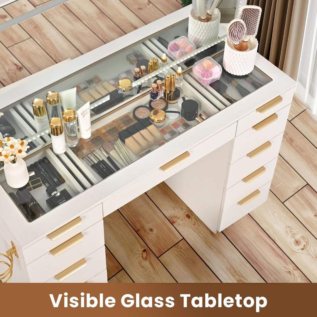 11-Drawer Vanity Desk with Gold Handles, Glass Top & LED Mirror